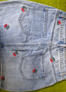 Cute Cherry Embroidered Denim Skirt