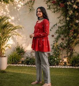 Red Printed Peplum Kurta _M