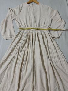 Korean Beige Pleated Midi Dress