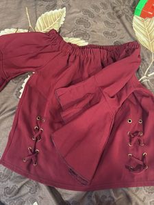 Maroon Off-Shoulder Lace-Up Top