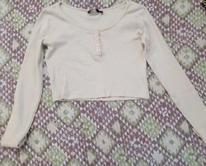 Cream Ribbed Henley Long Sleeve Top