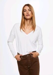 White V-Neck Long Sleeve Top