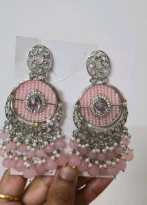 Pink Jhumka Earrings with Pearls