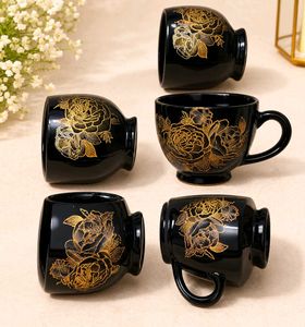 Set of 6 Black Floral Coffee Mugs