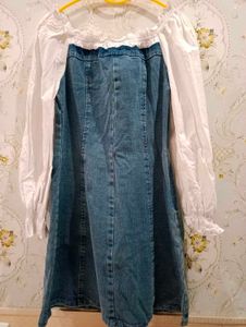 Denim Button-Down Dress with White Puff Sleeves