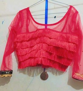 Stylish Red Blouse with Fringe Detail