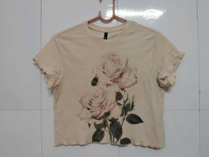 Cream Rose Print Cropped T-Shirt