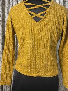 Yellow Ribbed Tie-Front Top