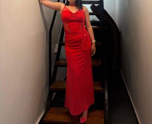 Elegant Red Lace Corset Maxi Dress