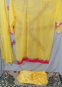 Yellow Kurta Set with Pink Embroidery