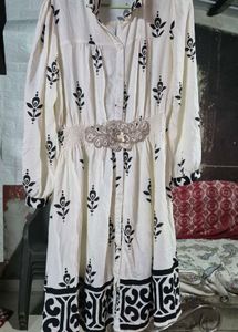 White Kurta with Black Floral Print