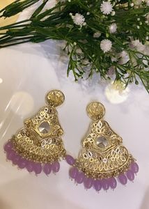Elegant Lavender Beaded Gold Earrings