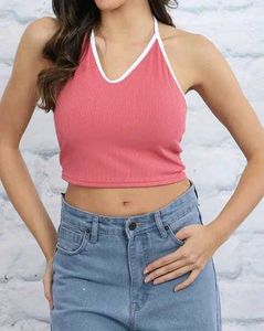 Shein Fitted Halter Tie-Up Neck Contrast Top