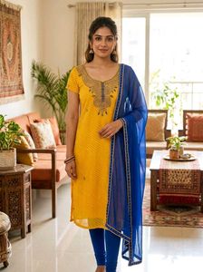 bright yellow embellished kurta set with dupatta