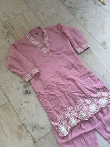 Pink Kurta Set with White Embroidery