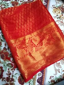 Vibrant Red Silk with Gold Border blouse piece