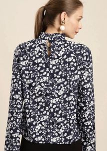 Navy Blue Floral Print Ruffle Collar Top