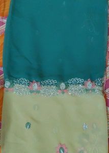 Teal & Beige Embroidered Saree