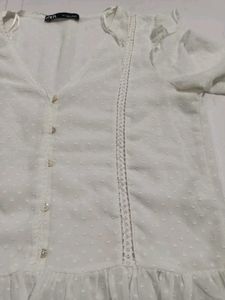 Zara White Ruffled Swiss Dot Shirt Top S/M