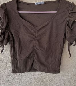 Brown Crop Top with Puff Sleeves