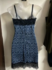 Blue Printed Slip Dress with Lace Trim