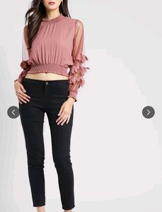 plusS Women Peach-Coloured Self Design Blouson Top