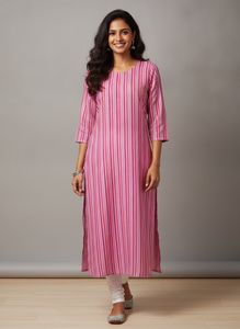 Pink Striped Cotton Blend Straight Kurta