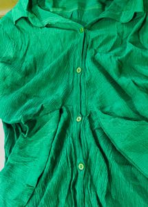 Vibrant Green Crinkle Button-Up Top