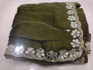 Elegant Olive Green Embroidered Saree