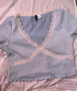 Coquette Baby Blue Ribbed Lace Trim Top