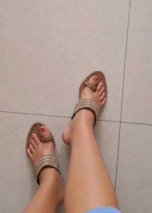 Embellished golden wedged saree sandals
