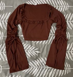 Brown Long Sleeve Tie Detail Crop Top