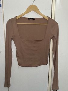 Zara Brown Ribbed Long Sleeve Crop Top