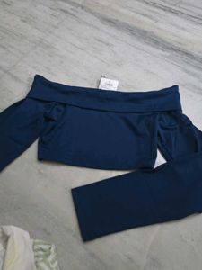 blue off-shoulder crop top