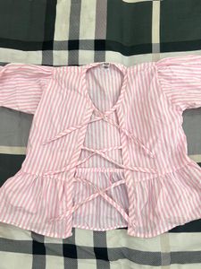 Pink Striped Puff Sleeve Peplum Top✨💃
