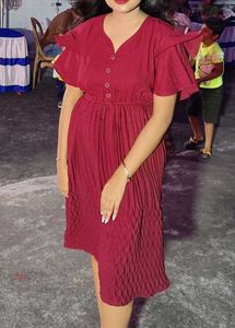 Maroon Pleated Ruffle Sleeve Dress