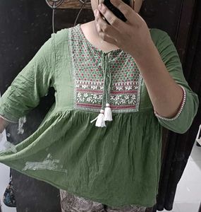 Boho Embroidered Green Tunic Top