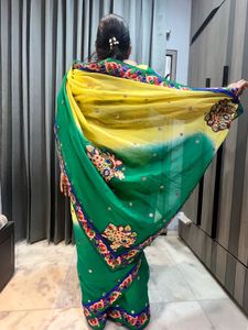 Pure Georgette yellow green saree