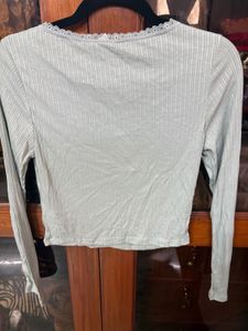 Mint Green Ribbed Crop Top with Lace Detail