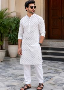 Men's White Kurta with Brown Print