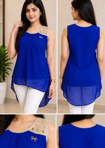 Stylish Blue Sleeveless High-Low Top