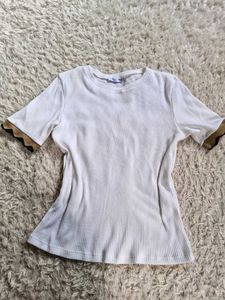 zara Ribbed White Top with Scalloped Cuffs