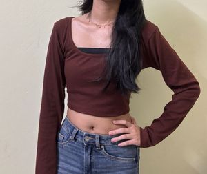 Brown Ribbed Crop Top