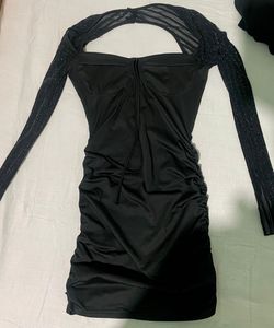 Chic Black Ruched Bodycon Dress with Mesh Sleeves