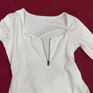 White Long Sleeve Zipper Bodysuit Top