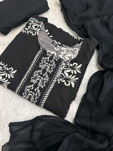 Elegant Black Kurta Set with White Print