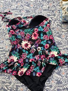 Floral One-Piece Swimsuit with Ruffle Skirt