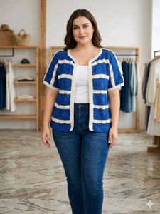Blue & White Striped Crochet Cardigan