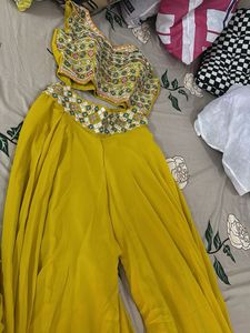 Yellow Embroidered Crop Top Palazzo with s