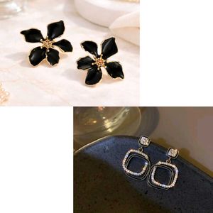 Elegant Black Flower & Crystal Square Earrings